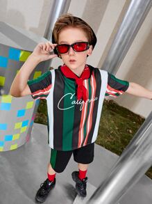SHEIN Boys Letter Graphic Striped Colourblock Hoodie & Track Shorts Set - Multicolor - View 7