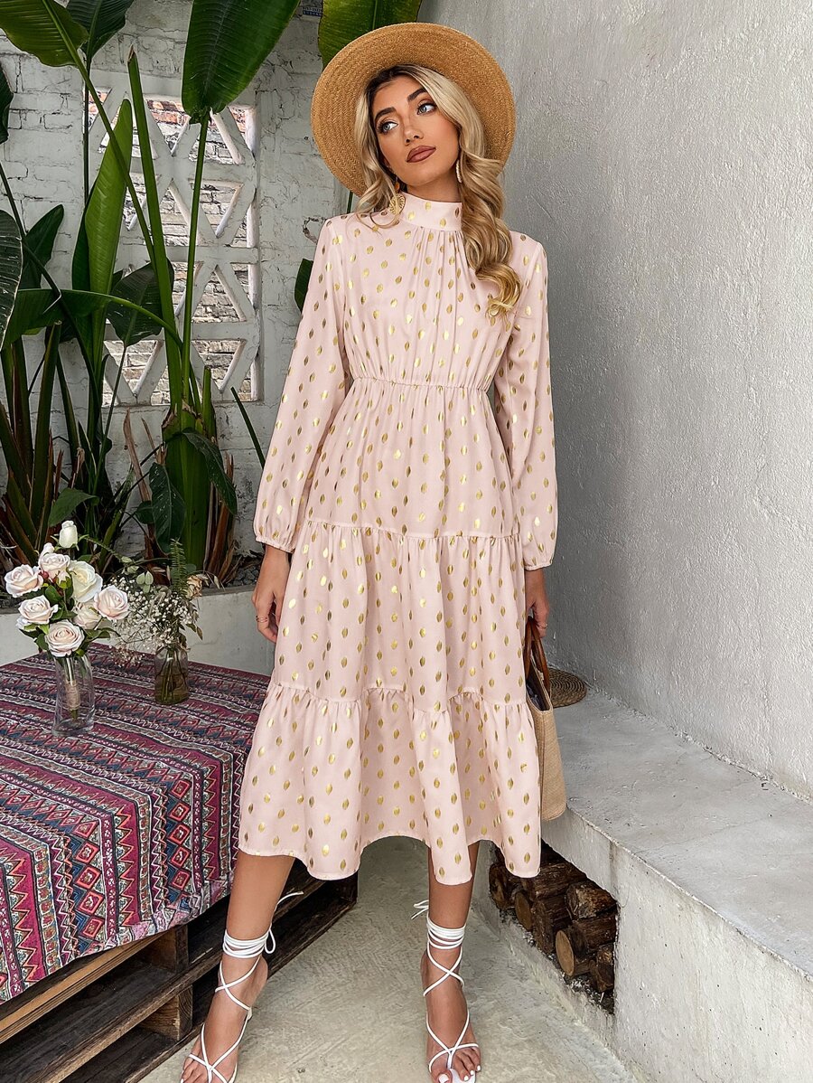 SHEIN Unity Đầm Nút Cắt ra Viên lá sen Tất cả trên in Thanh lịch - Màu Hồng baby - Xem 1