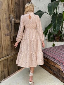 SHEIN Unity Đầm Nút Cắt ra Viên lá sen Tất cả trên in Thanh lịch - Màu Hồng baby - Xem 2