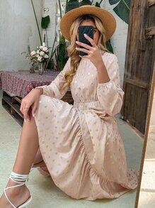 SHEIN Unity Đầm Nút Cắt ra Viên lá sen Tất cả trên in Thanh lịch - Màu Hồng baby - Xem 3