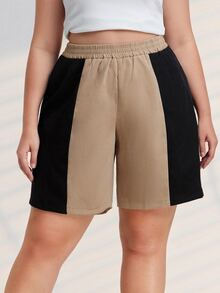 Plus Two Tone Elastic Waist Shorts - Multicolor - View 3