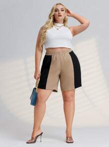 Plus Two Tone Elastic Waist Shorts - Multicolor - View 5