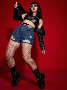 大碼折疊腰破洞牛仔短褲不附帶緊身打底褲 - 深色水洗藍 - 查看 3