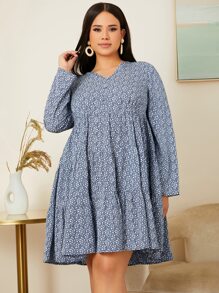 SHEIN Plus Ditsy Floral Print Ruffle Hem Dress - Blue and White - View 1