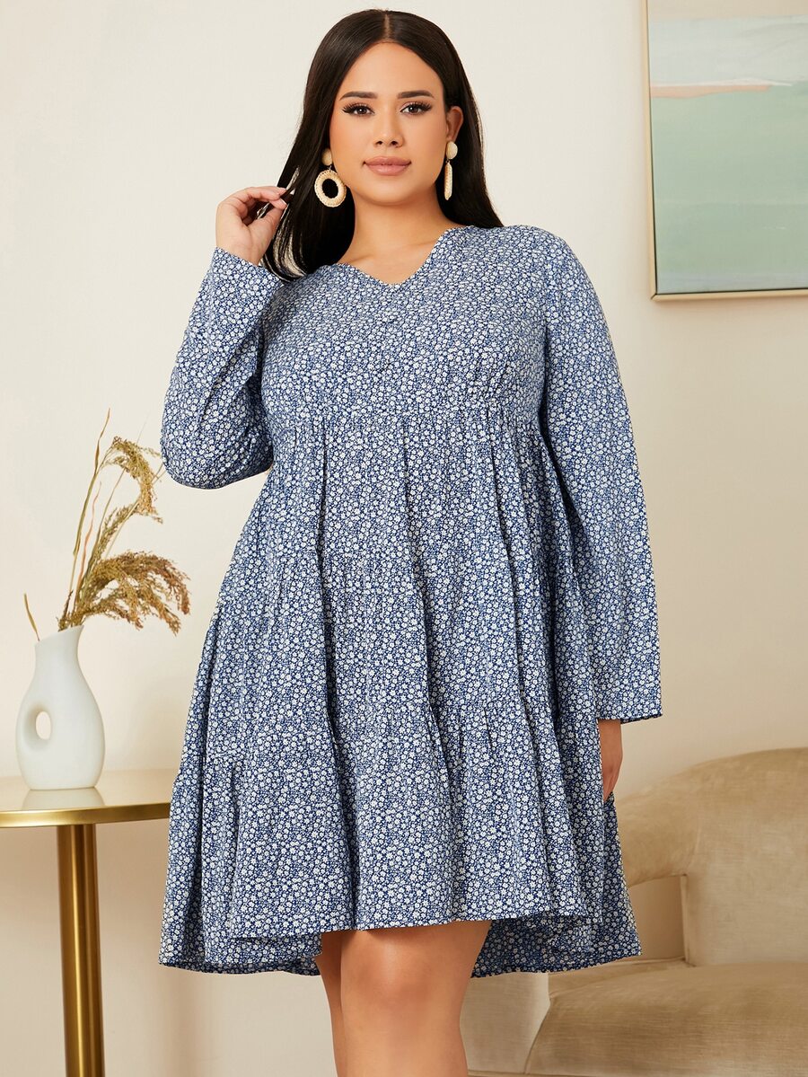 SHEIN Plus Ditsy Floral Print Ruffle Hem Dress - Blue and White - View 1