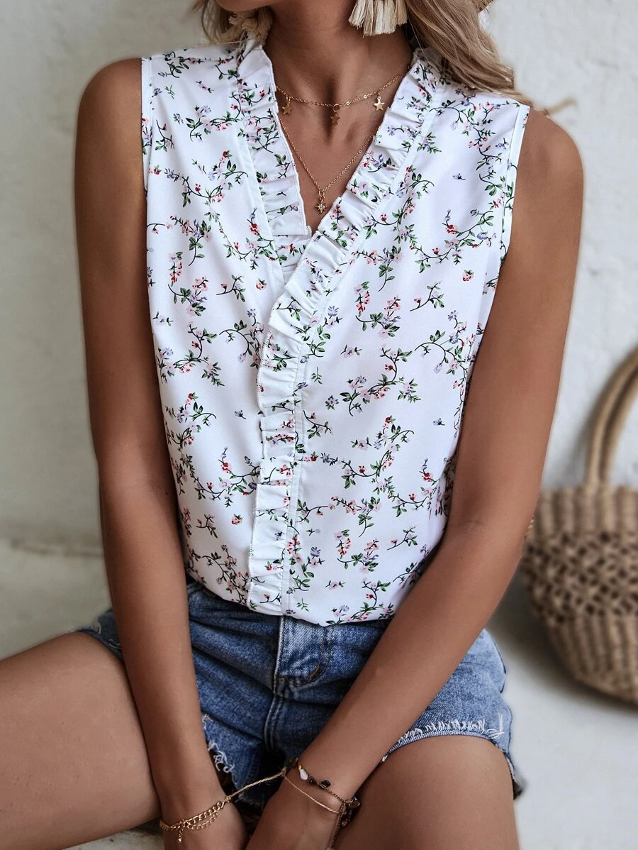 Ditsy Floral Frill Trim Blouse - White - View 1