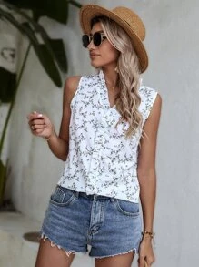 Ditsy Floral Frill Trim Blouse - White - View 6