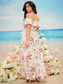 SHEIN Belle Plus Ruffle Off Shoulder Belted Split Thigh Bridesmaid Dress - Multicolor - View 2