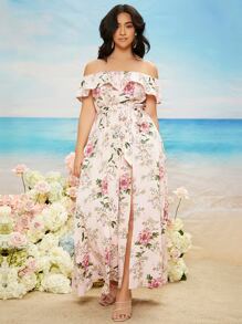 SHEIN Belle Plus Ruffle Off Shoulder Belted Split Thigh Bridesmaid Dress - Multicolor - View 4