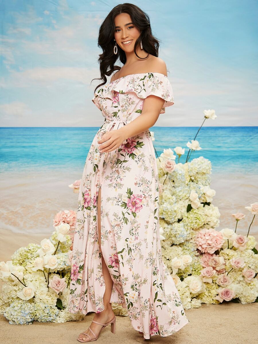 SHEIN Belle Plus Ruffle Off Shoulder Belted Split Thigh Bridesmaid Dress - Multicolor - View 1