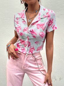 Áo thun nữ Nút phía trước Hoa Tất cả trên in Giải trí - trắng - Xem 3