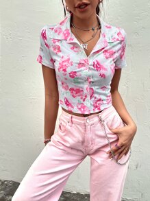 Áo thun nữ Nút phía trước Hoa Tất cả trên in Giải trí - trắng - Xem 4