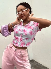 Áo thun nữ Nút phía trước Hoa Tất cả trên in Giải trí - trắng - Xem 1