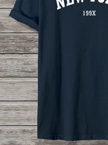 Manfinity Campus Court 男士字母圖案短袖T恤 - 藏蓝色 - 查看 5