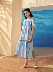 Mulvari Flutter Sleeve Foldover Organza Dress - Blue - View 1