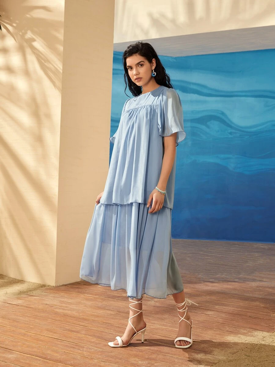 Mulvari Flutter Sleeve Foldover Organza Dress - Blue - View 1