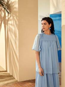 Mulvari Flutter Sleeve Foldover Organza Dress - Blue - View 7