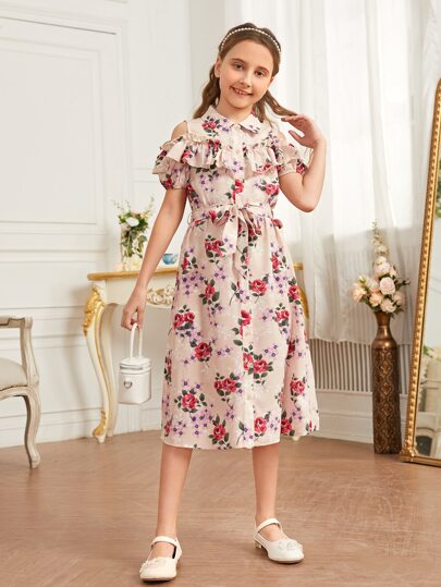 SHEIN 女孩1入組滿版印花挖肩連衣裙