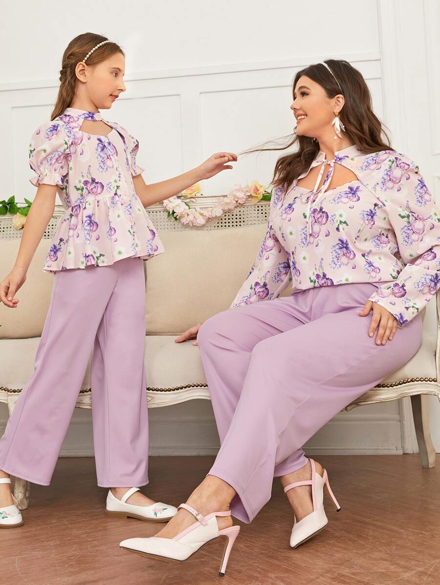 SHEIN 女孩印花荷葉袖荷葉邊下擺1上衣和1長褲套裝 - 彩色 - 查看 1