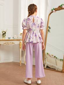 SHEIN 女孩印花荷葉袖荷葉邊下擺1上衣和1長褲套裝 - 彩色 - 查看 2