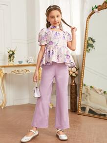 SHEIN 女孩印花荷葉袖荷葉邊下擺1上衣和1長褲套裝 - 彩色 - 查看 3