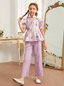 SHEIN 女孩印花荷葉袖荷葉邊下擺1上衣和1長褲套裝 - 彩色 - 查看 4