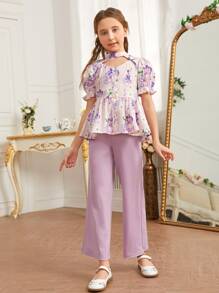 SHEIN 女孩印花荷葉袖荷葉邊下擺1上衣和1長褲套裝 - 彩色 - 查看 5