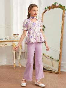 SHEIN 女孩印花荷葉袖荷葉邊下擺1上衣和1長褲套裝 - 彩色 - 查看 6