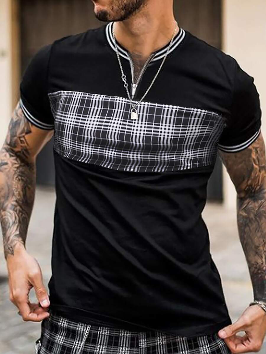 Manfinity Men Plaid Quarter Zipper Striped Trim Polo Shirt - Black - View 1