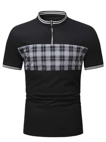 Manfinity Men Plaid Quarter Zipper Striped Trim Polo Shirt - Black - View 4