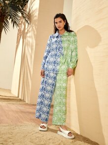 Seusyu Letter & Floral Print Colourblock Trousers - Multicolor - View 1