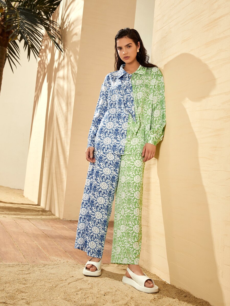 Seusyu Letter & Floral Print Colourblock Trousers - Multicolor - View 1