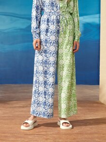 Seusyu Letter & Floral Print Colourblock Trousers - Multicolor - View 2