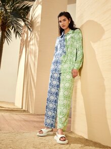 Seusyu Letter & Floral Print Colourblock Trousers - Multicolor - View 4