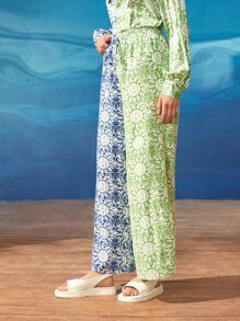 Seusyu Letter & Floral Print Colourblock Trousers - Multicolor - View 8