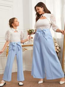 Modelyn Plus Big Bow Waist Wide Leg Trousers - Baby Blue - View 3