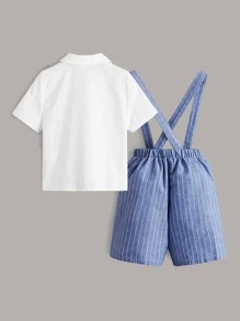 SHEIN 小男童前蝴蝶結襯衫和條紋圖案短褲帶背帶 - 藍白色 - 查看 2