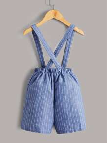 SHEIN 小男童前蝴蝶結襯衫和條紋圖案短褲帶背帶 - 藍白色 - 查看 6