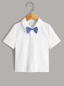 SHEIN 小男童前蝴蝶結襯衫和條紋圖案短褲帶背帶 - 藍白色 - 查看 7