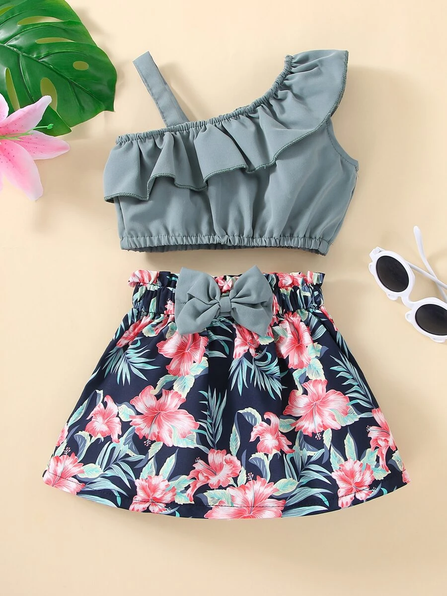 嬰兒不對稱領荷葉邊上衣和熱帶圖案紙袋腰蝴蝶結半身裙 - 彩色 - 查看 1