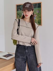 DAZY 頂針木耳邊T恤 - 卡其色 - 查看 8