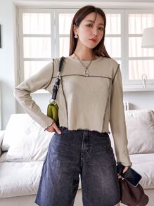 DAZY 頂針木耳邊T恤 - 卡其色 - 查看 3