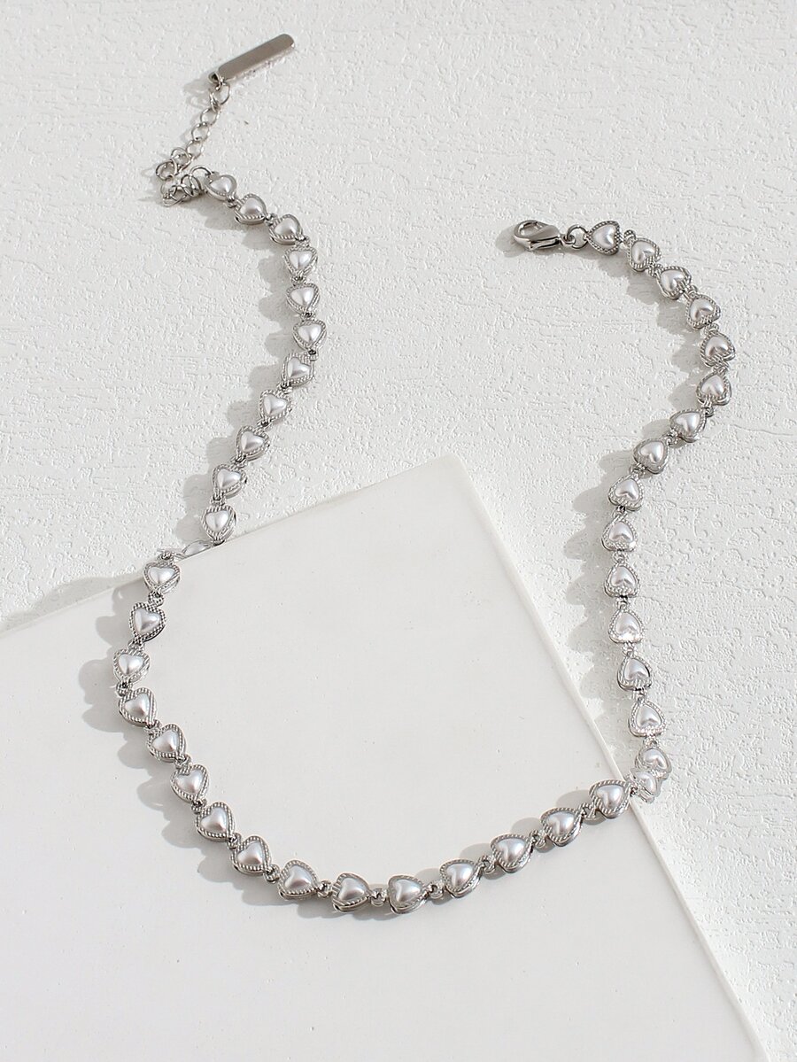 Faux Pearl Heart Decor vòng cổ - Bạc - Xem 1