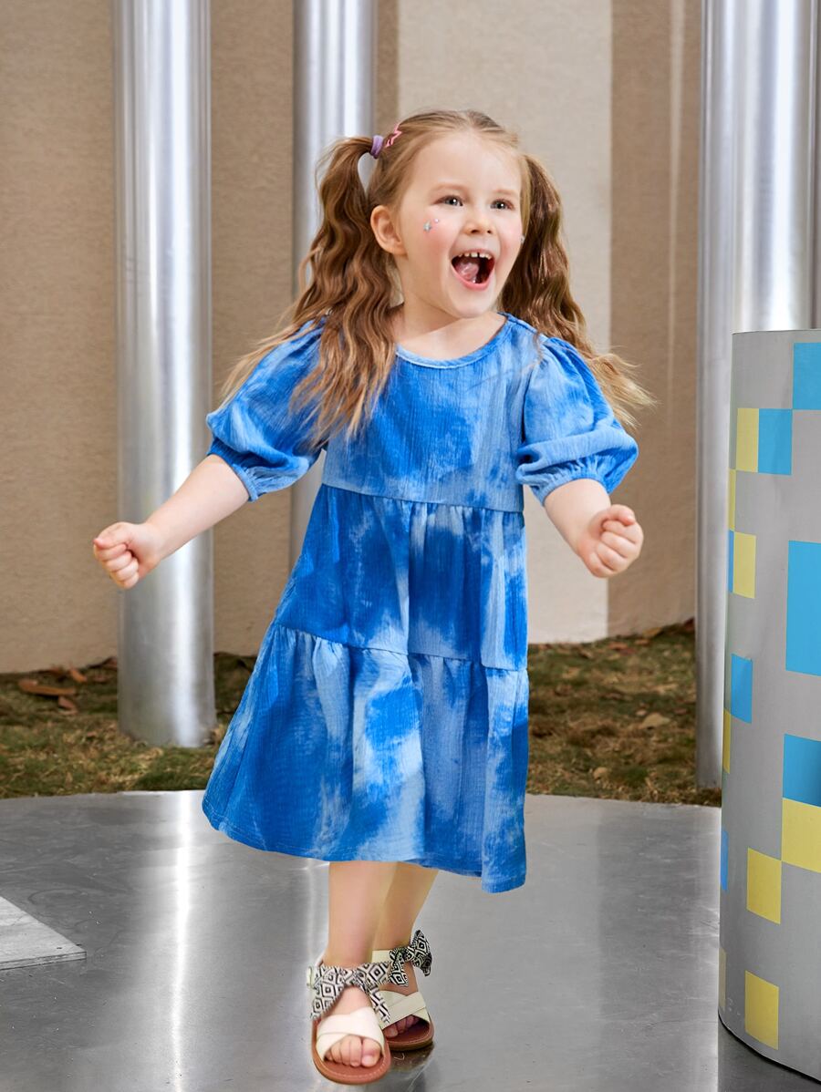 SHEIN 小女童泡泡袖紮染洋裝