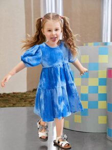 SHEIN 小女童泡泡袖紮染洋裝