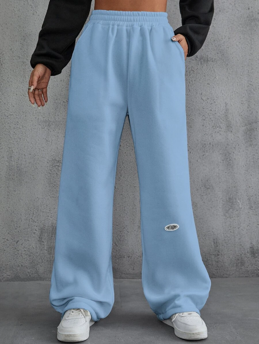 SHEIN EZwear Letter Patched Detail Slant Pockets Sweatpants - Baby Blue - View 1