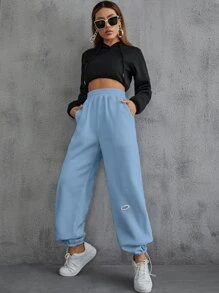 SHEIN EZwear Letter Patched Detail Slant Pockets Sweatpants - Baby Blue - View 4