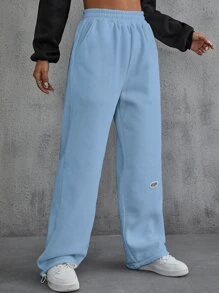 SHEIN EZwear Letter Patched Detail Slant Pockets Sweatpants - Baby Blue - View 5