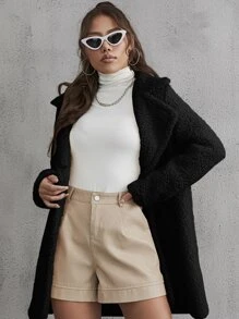 SHEIN EZwear Abrigo teddy unicolor de cuello con solapa - Negro - Ver 1