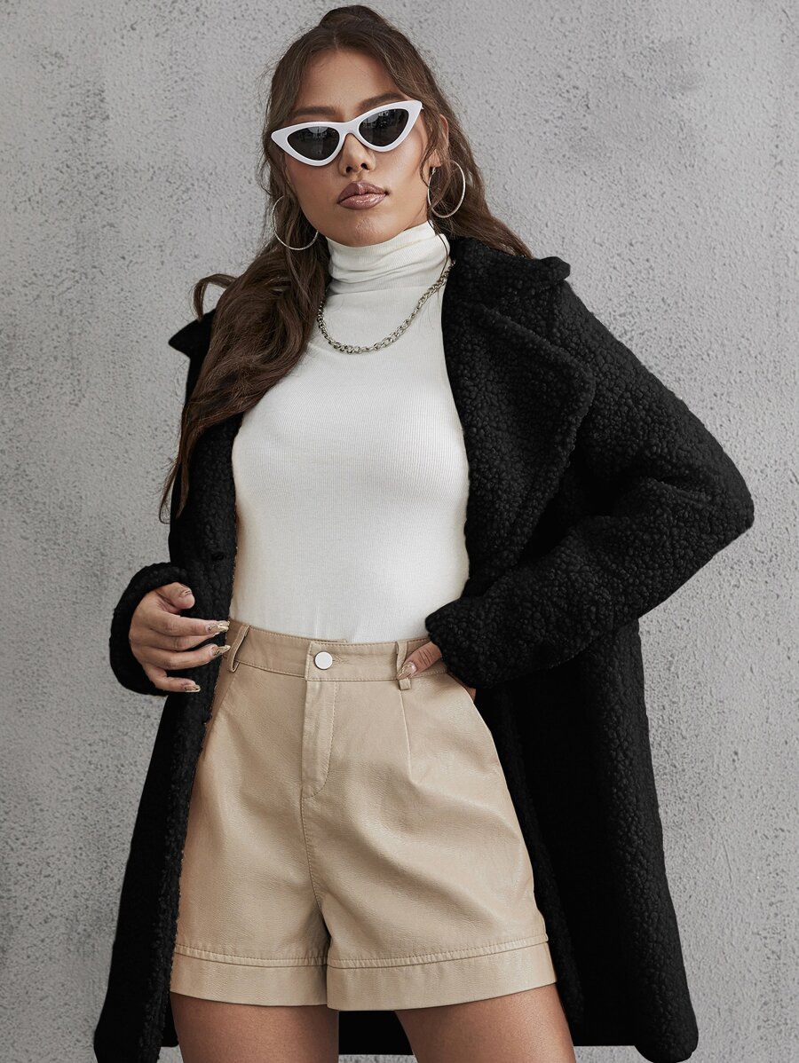 SHEIN EZwear Abrigo teddy unicolor de cuello con solapa - Negro - Ver 1